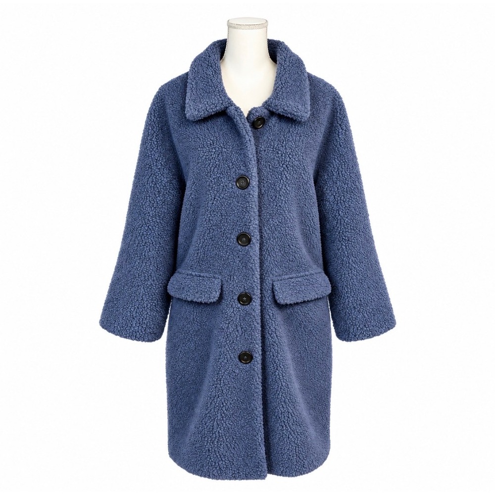 Stoosh Womens Longline Teddy Coat Jacket L Oversized Faux Sherpa Button Up Blue